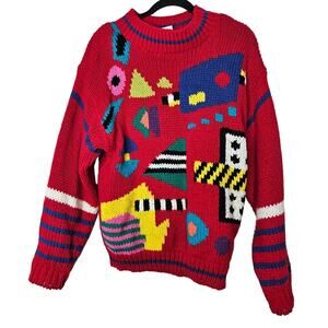 Vintage 80s One Step Up L Hand Knit Abstract Funky Kitsch Sweater Red Kidcore